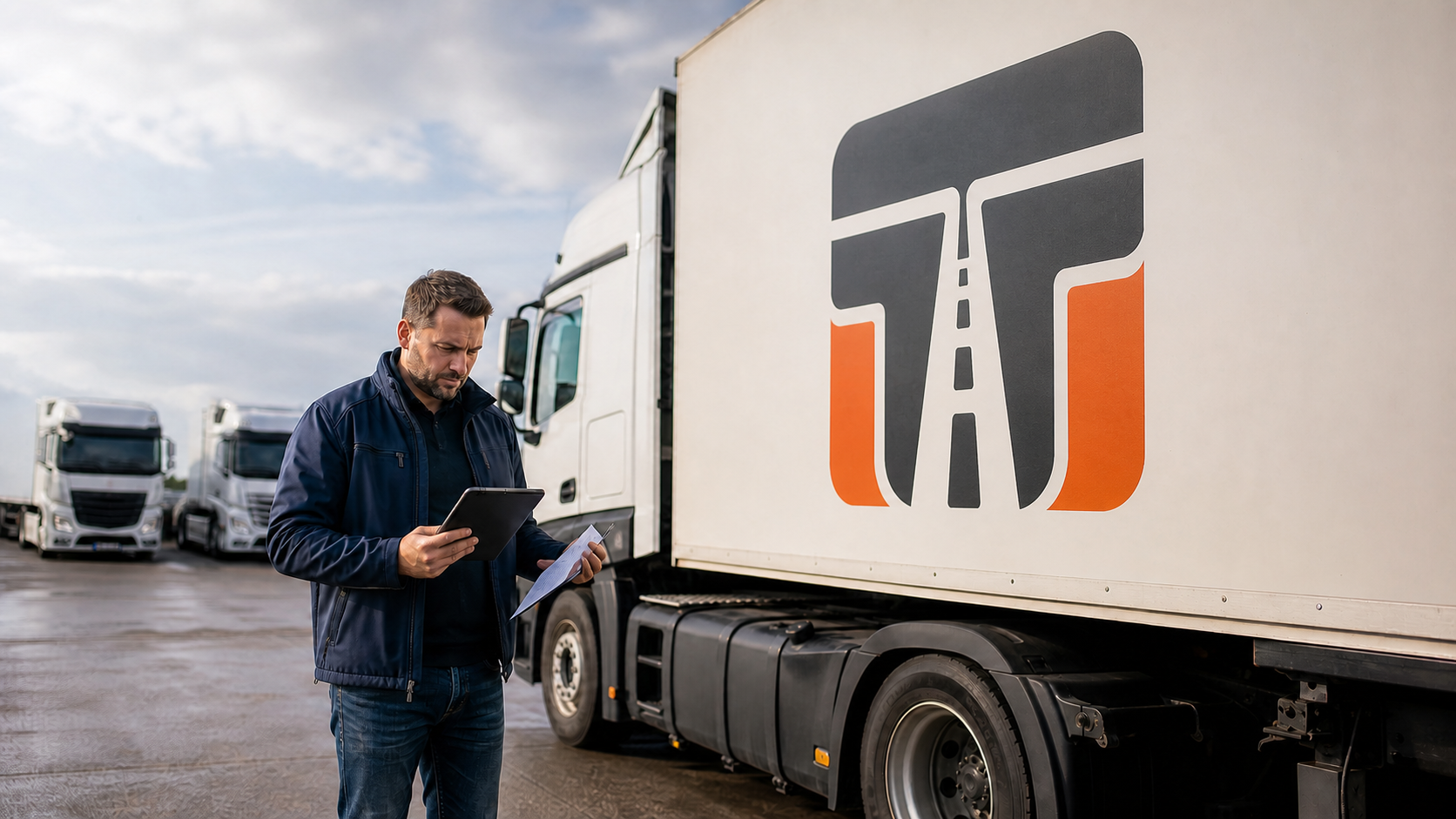 Lkw-Fahrer prüft am abgestellten Zugfahrzeug Unterlagen zur Fahrzeug-Einstufung; sein Jacken-Patch zeigt das TT-Symbol.
