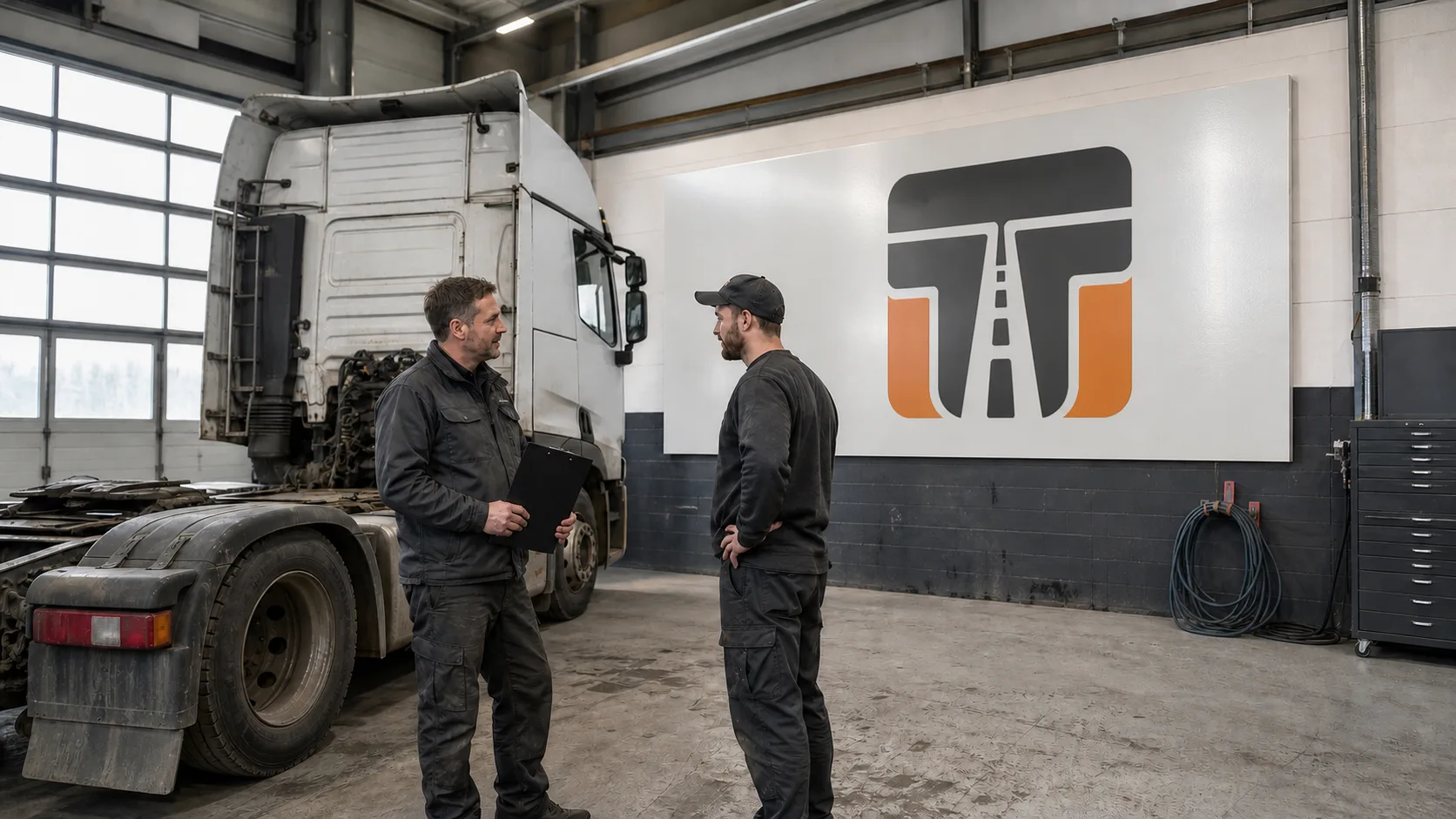 Fuhrparkleiter und Fahrer besprechen in einer Werkstatt neben einer Sattelzugmaschine eine Ausstattungsentscheidung; an der Wand ist das Trucker-Treffpunkt-Logo sichtbar.