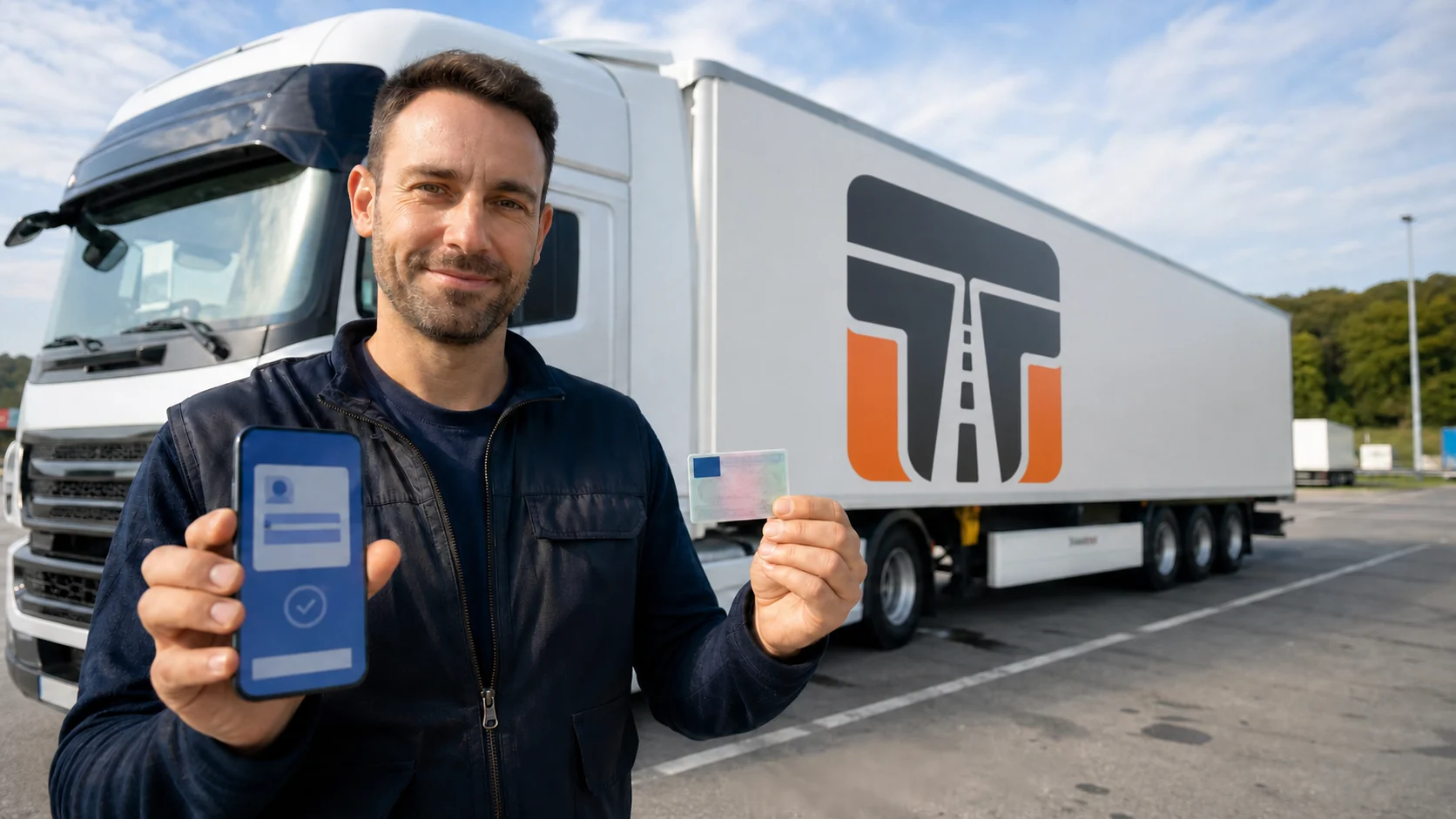 Lkw-Fahrer hält an der geöffneten Fahrertür sein Smartphone mit einem angezeigten digitalen Ausweisdokument neben den Kartenführerschein in der anderen Hand; der Beitrag ordnet die Fristen der vierten EU-Führerscheinrichtlinie ein.