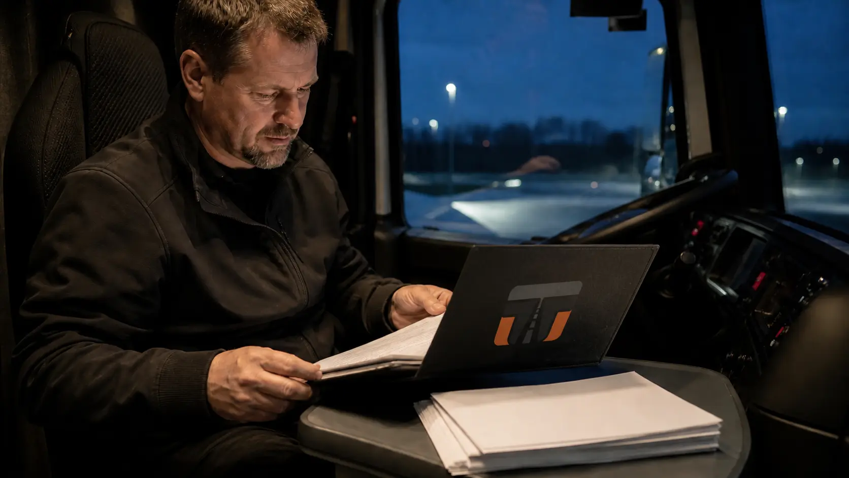 Berufskraftfahrer prüft in der Dämmerung am Rastplatz die Fahrzeug- und Frachtpapiere in seinem Führerhaus. Auf dem Deckel der aufgeschlagenen Dokumentenmappe ist einmal das Trucker-Treffpunkt-Signet als reale Beschriftung angebracht.
