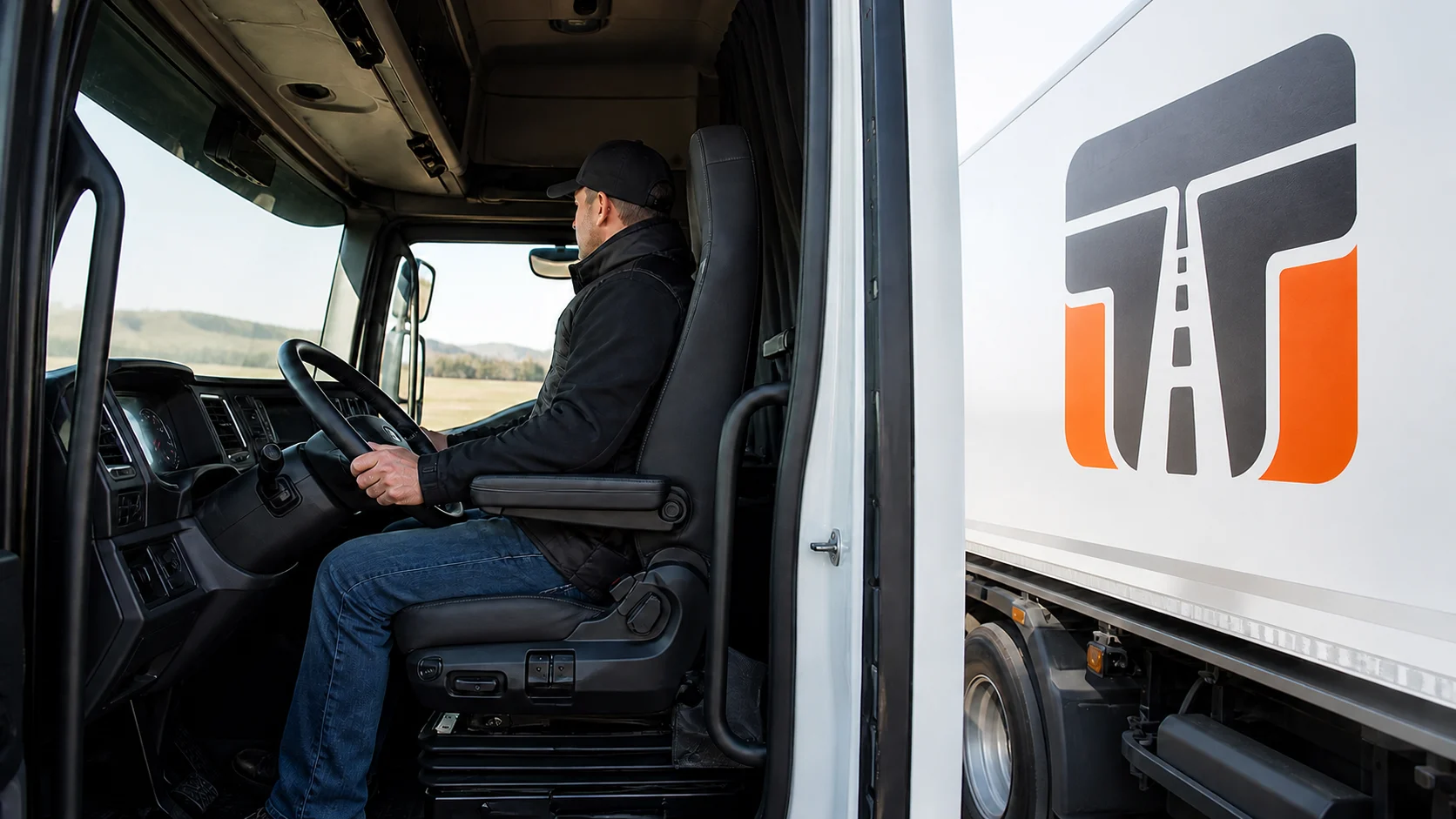 Fahrer in einem modernen Lkw-Führerhaus auf einem einstellbaren Fahrersitz. Auf der weißen Aufliegerflanke ist einmal das Trucker-Treffpunkt-Signet als reale Beschriftung zu sehen.