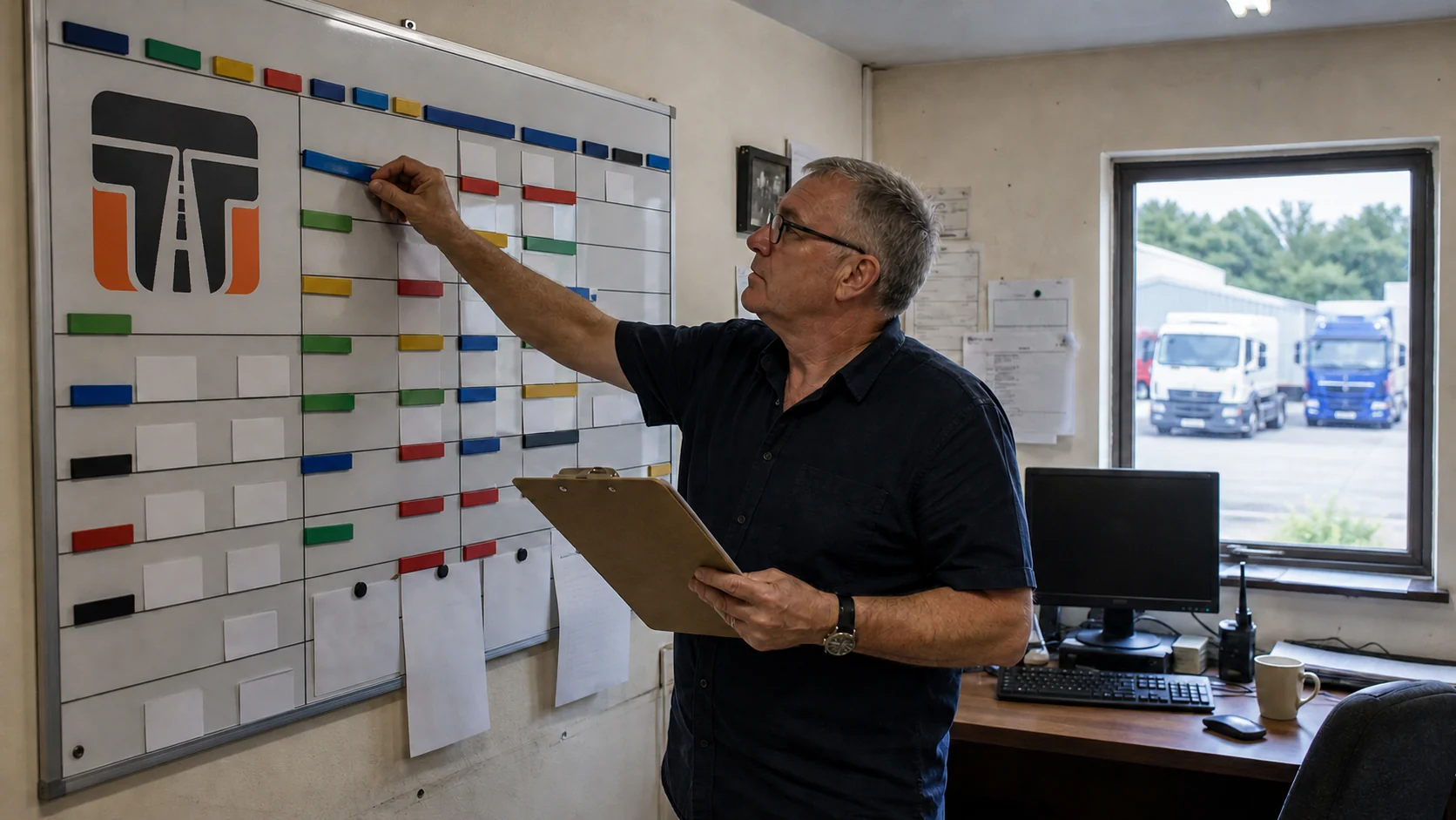Fuhrparkmanager steht im Büro vor einer Planungstafel mit Touren und Fahrernamen und plant die Personalbesetzung; der Beitrag ordnet die amtlichen Engpasszahlen für Berufskraftfahrer 2026 ein.