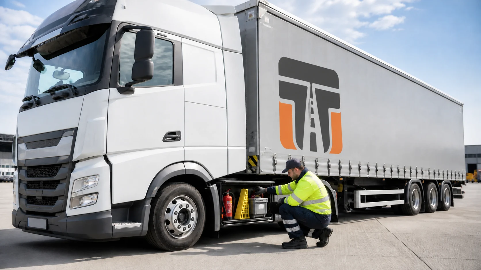 Lkw-Fahrer prüft Sicherheitsausrüstung an einem modernen Lastwagen. Auf der Aufliegerseite ist einmal groß das Trucker-Treffpunkt-Signet als reale Fahrzeugbeschriftung integriert.