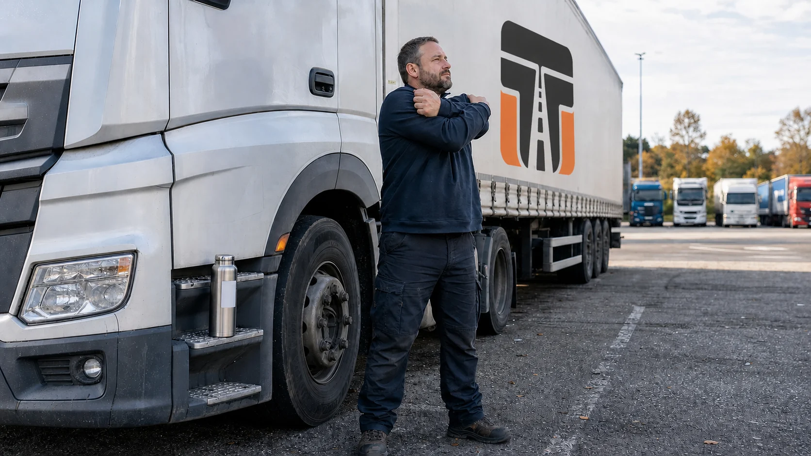 Lkw-Fahrer lockert während einer Pause neben einem Sattelzug an einer Rastanlage Schultern und Rücken; auf seiner Thermoflasche ist ein kleines Trucker-Treffpunkt-Signet angebracht.