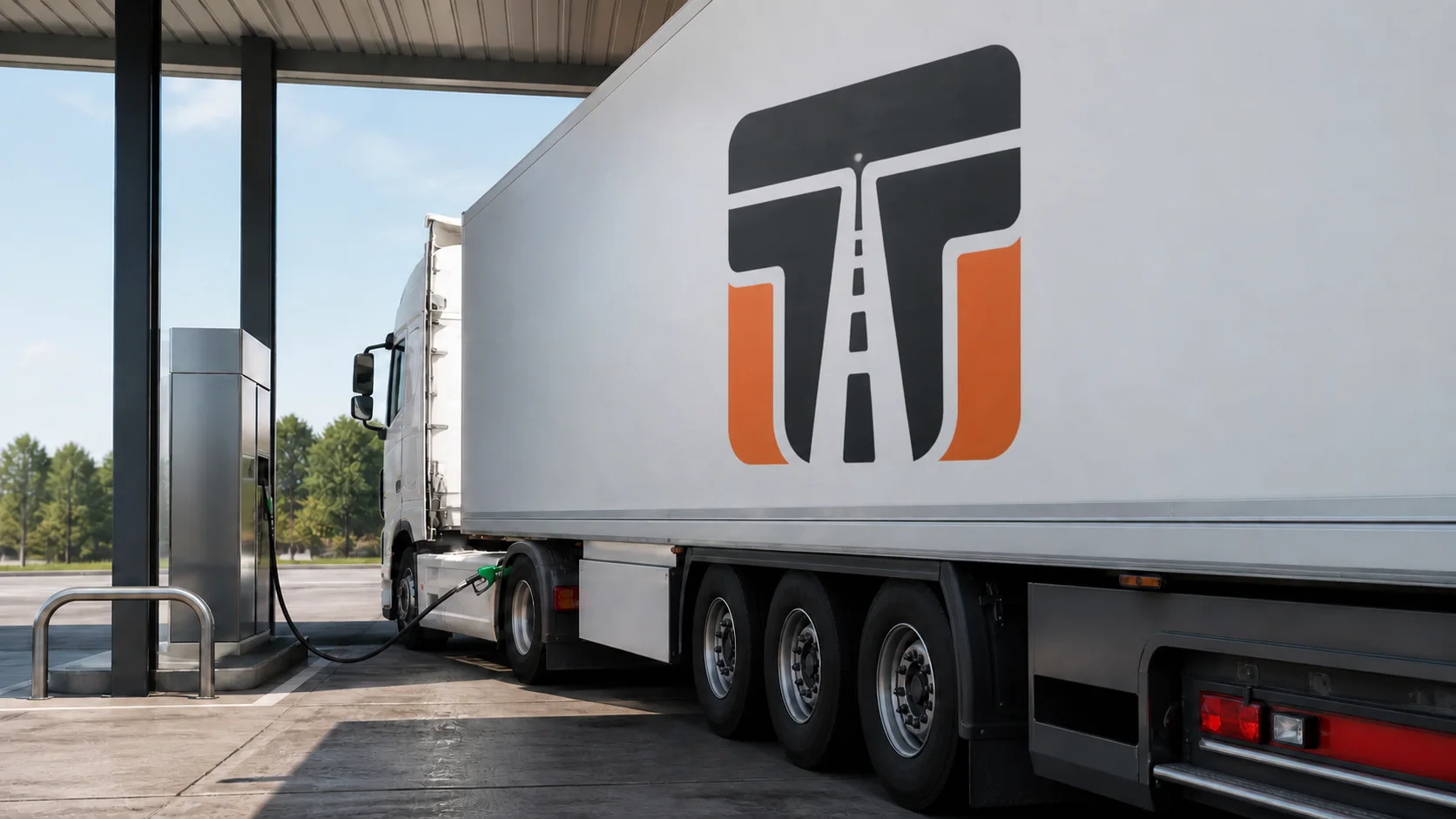 Weißer Sattelzug an einer unbeschrifteten Lkw-Tankstelle. Eine grüne Zapfpistole steckt am seitlichen Tankeinfüllstutzen. Auf der hellgrauen Aufliegerflanke ist einmal das Trucker-Treffpunkt-Signet als reale Beschriftung zu sehen.