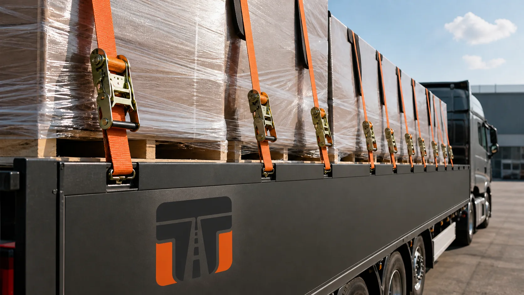 Ordentlich gesicherte Ladung auf einer Lkw-Pritsche mit gespannten Zurrgurten; das Trucker-Treffpunkt-Signet ist einmal als reale Beschriftung integriert.