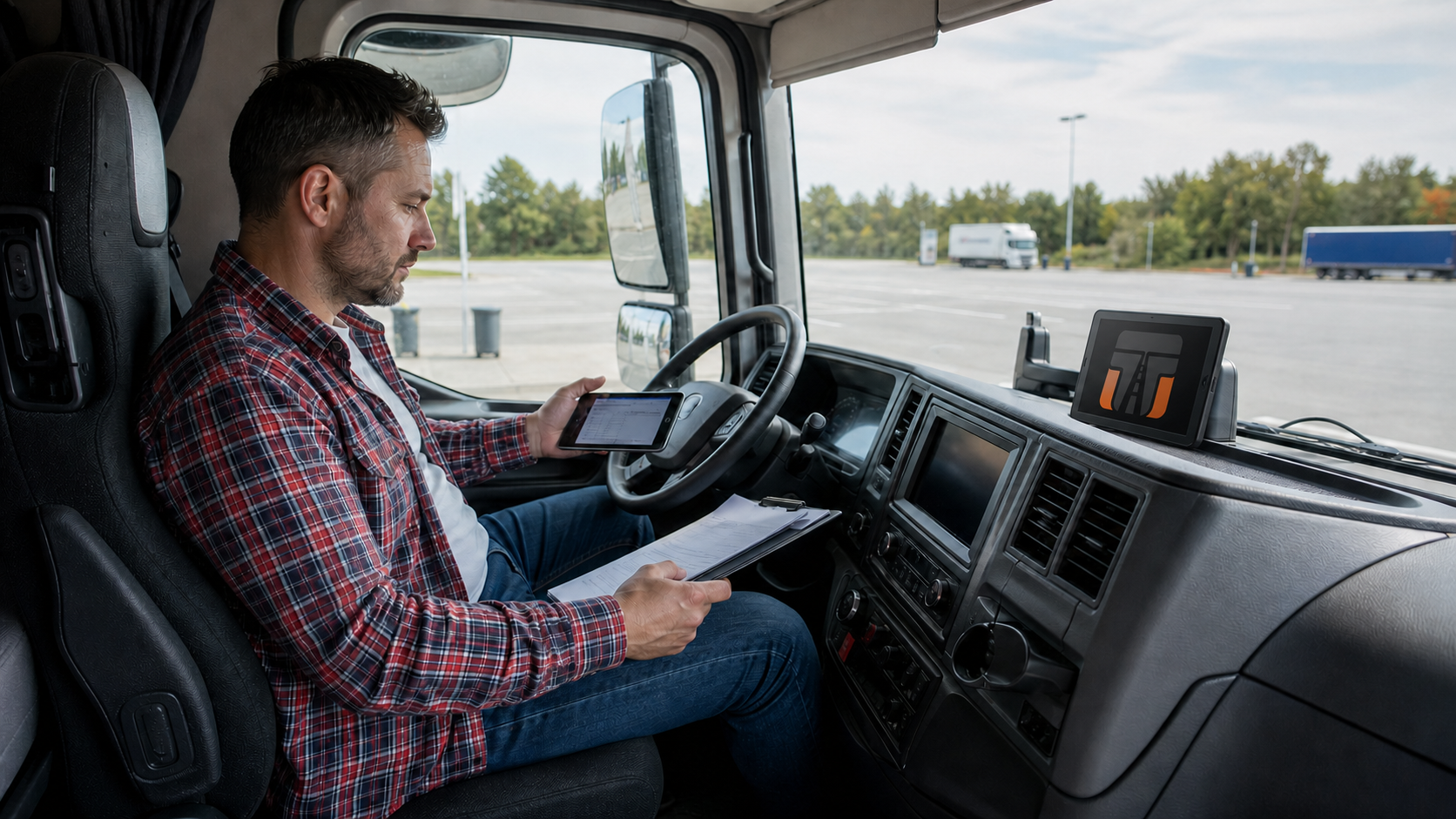 Fahrer prüft im geparkten Lkw Tachograph und Routennotiz; ein kleines TT-Badge sitzt am Armaturenbrett.