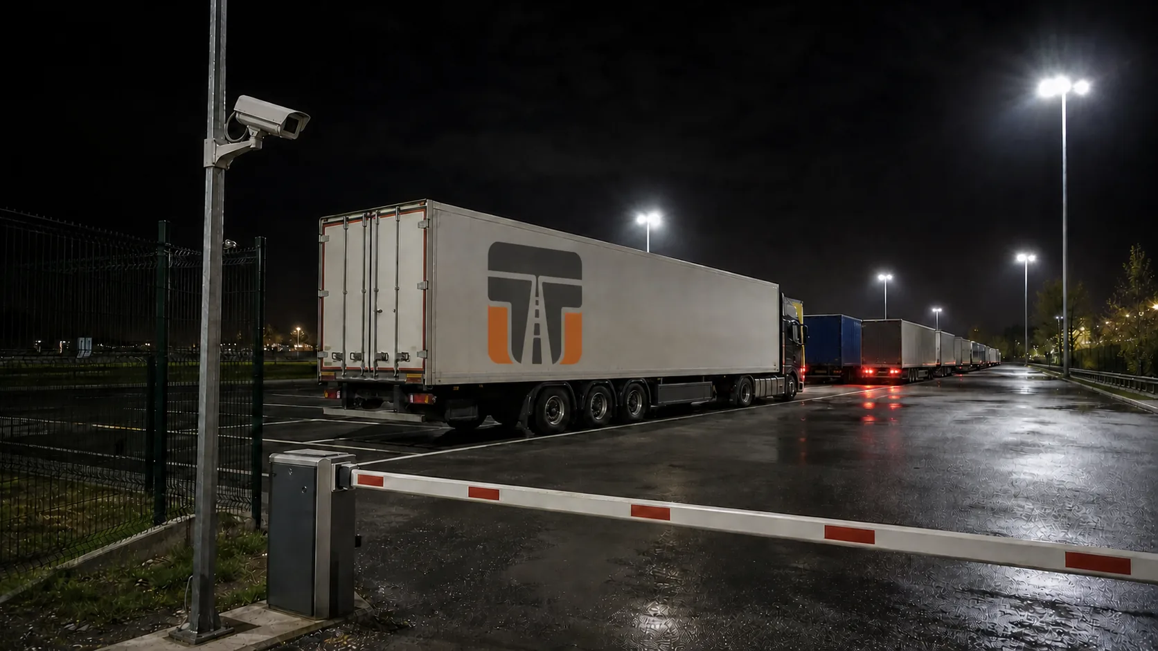 Nächtlicher, videoüberwachter Lkw-Parkplatz: eine Überwachungskamera am Mast blickt über den regennassen Stellplatz mit abgestellten Sattelaufliegern; auf der Seitenwand des vorderen Aufliegers ist einmal das Signet von Trucker-Treffpunkt angebracht.