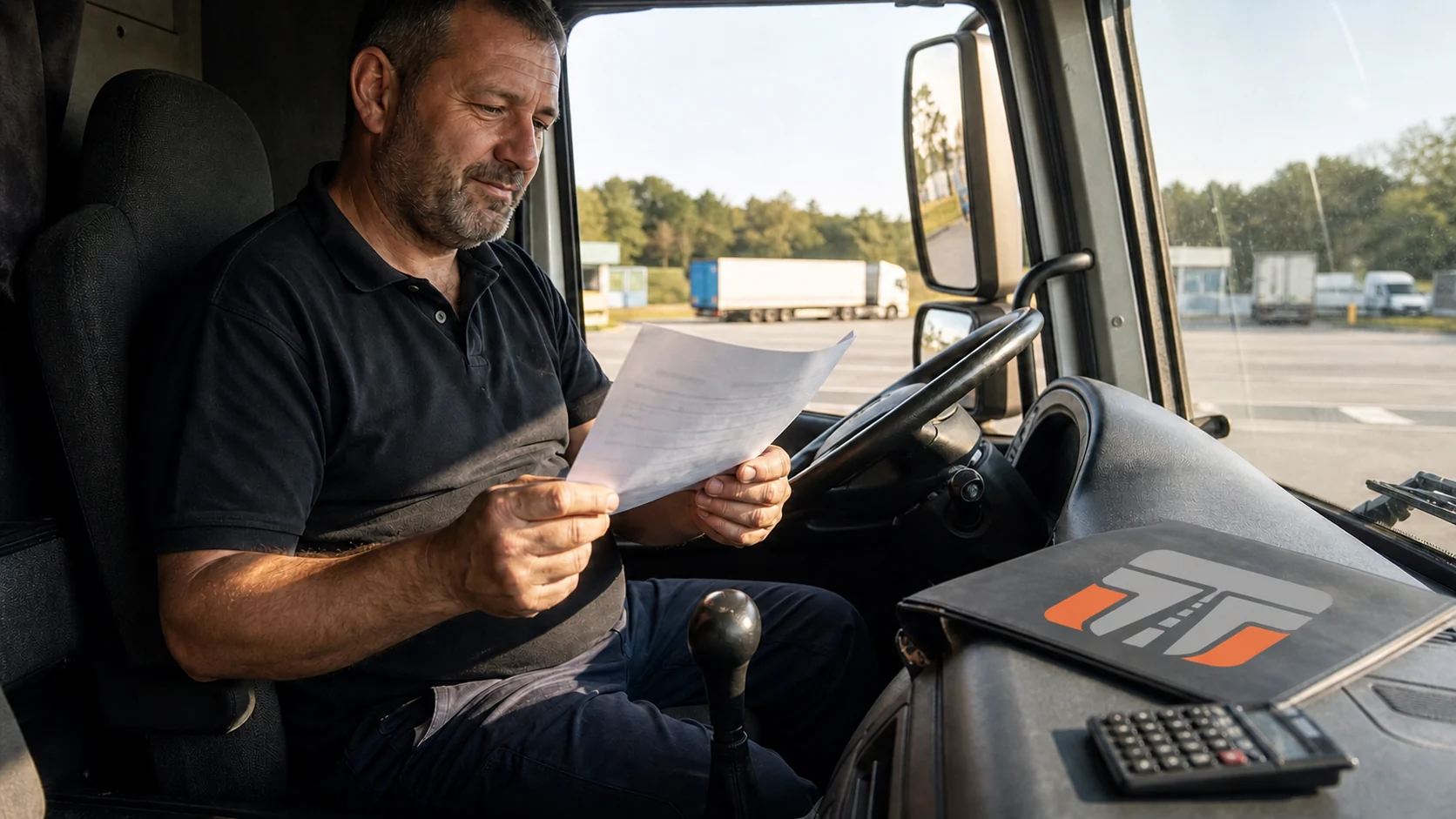 Lkw-Fahrer sitzt in der Fahrerkabine an einer Rastanlage und sieht seine Lohnabrechnung durch; der Beitrag vergleicht die tariflichen Stundenlöhne im privaten Verkehrsgewerbe 2026.