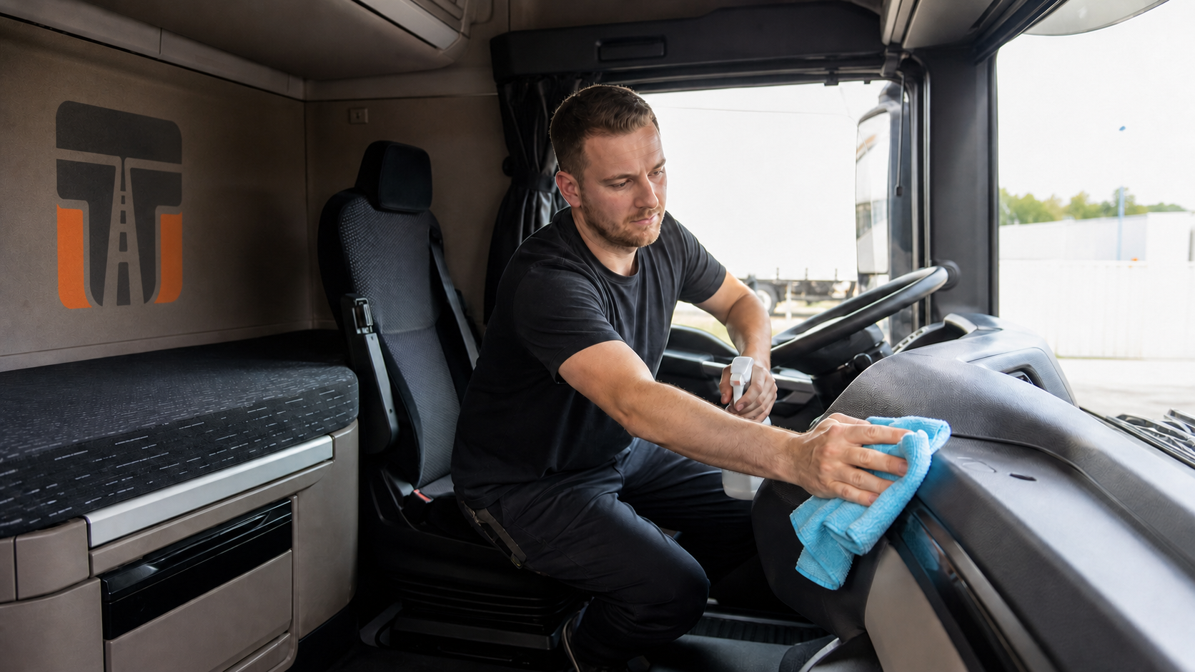 Fahrer reinigt die Ablage im Lkw-Fahrerhaus; auf der Reisetasche im Hintergrund sitzt ein kleines TT-Patch.