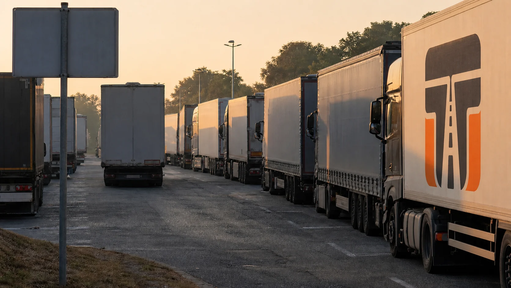 Vollbesetzte Lkw-Parkreihe an einer Autobahn-Rastanlage im Abendlicht; der Beitrag erklärt den Ausbaustand der Lkw-Stellplätze an deutschen Autobahnen.
