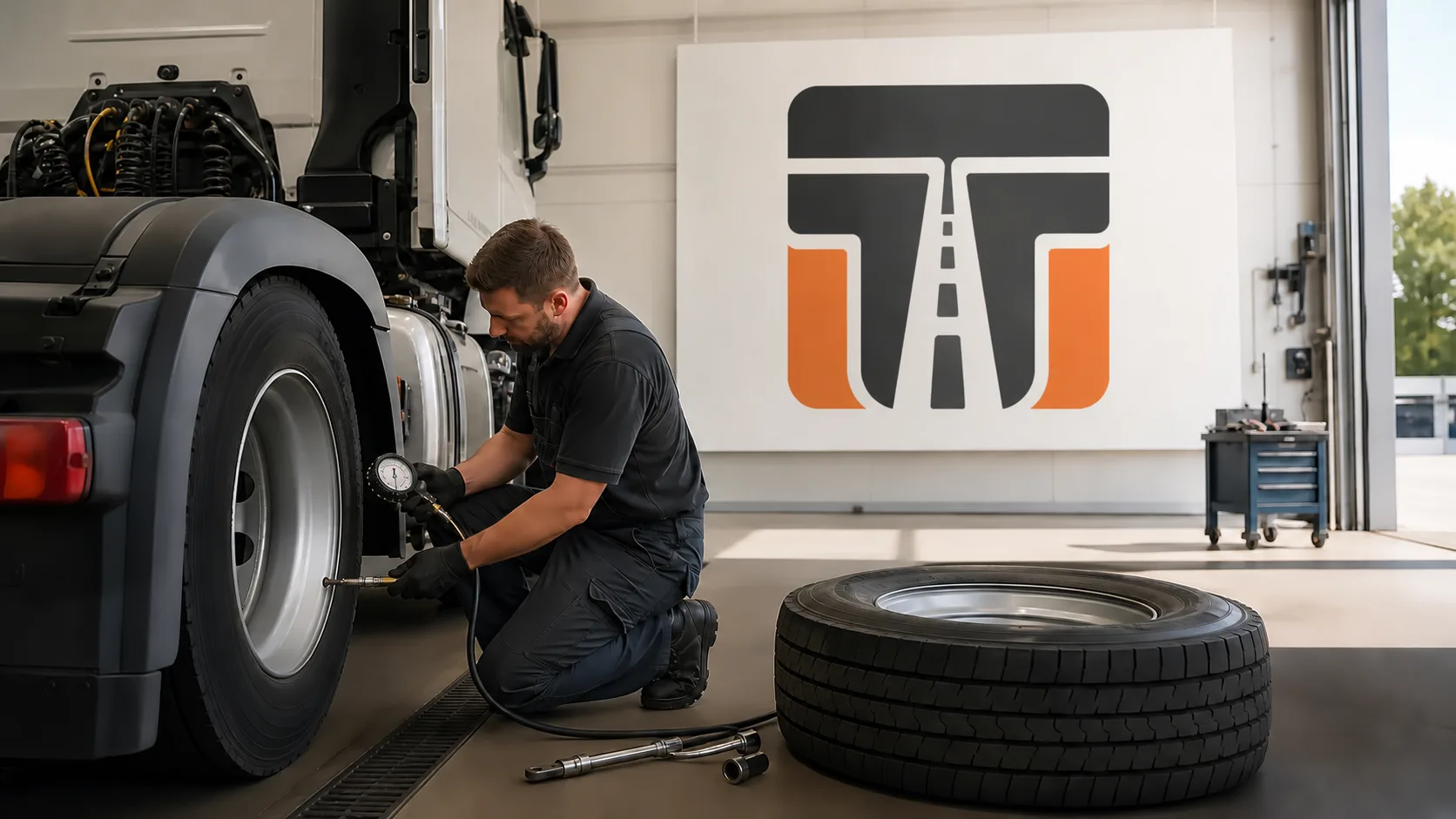 Mechaniker prüft in einer Werkstatt den Reifen eines Lkw; im Hintergrund ist einmal das Trucker-Treffpunkt-Signet auf einer Wandfläche zu sehen.