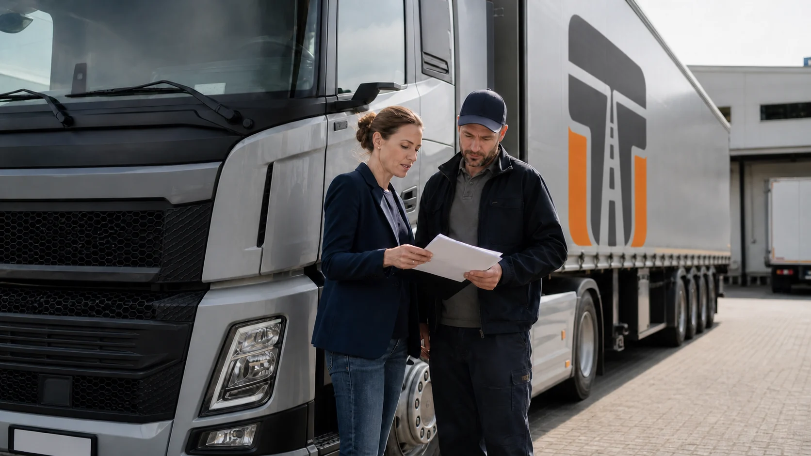 Fuhrparkmanagerin und Lkw-Fahrer prüfen Vertragsunterlagen neben einem modernen Lastwagen. Auf dem Auflieger ist einmal groß das Trucker-Treffpunkt-Signet als reale Beschriftung integriert.