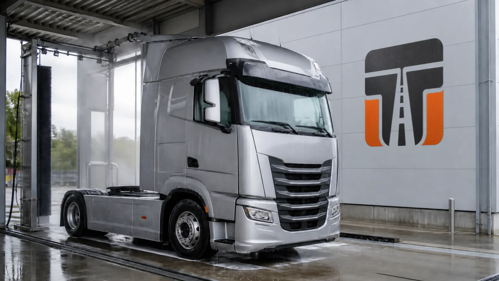 Eine silberne Sattelzugmaschine steht in einer modernen Waschanlage. An der Seitenwand ist einmal das Trucker-Treffpunkt-Signet als reales Wandsignet integriert.