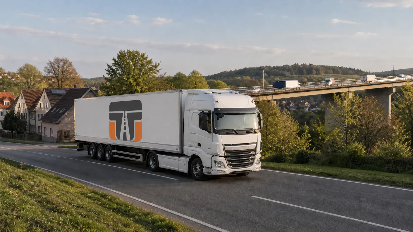Sattelzug auf einer Bundesstraße am Ortsrand, links Wohnhäuser und Bäume. Im Hintergrund verläuft erhöht eine Autobahnbrücke mit Verkehr. Auf der hellen Aufliegerflanke ist einmal das Trucker-Treffpunkt-Signet als reale Beschriftung zu sehen.