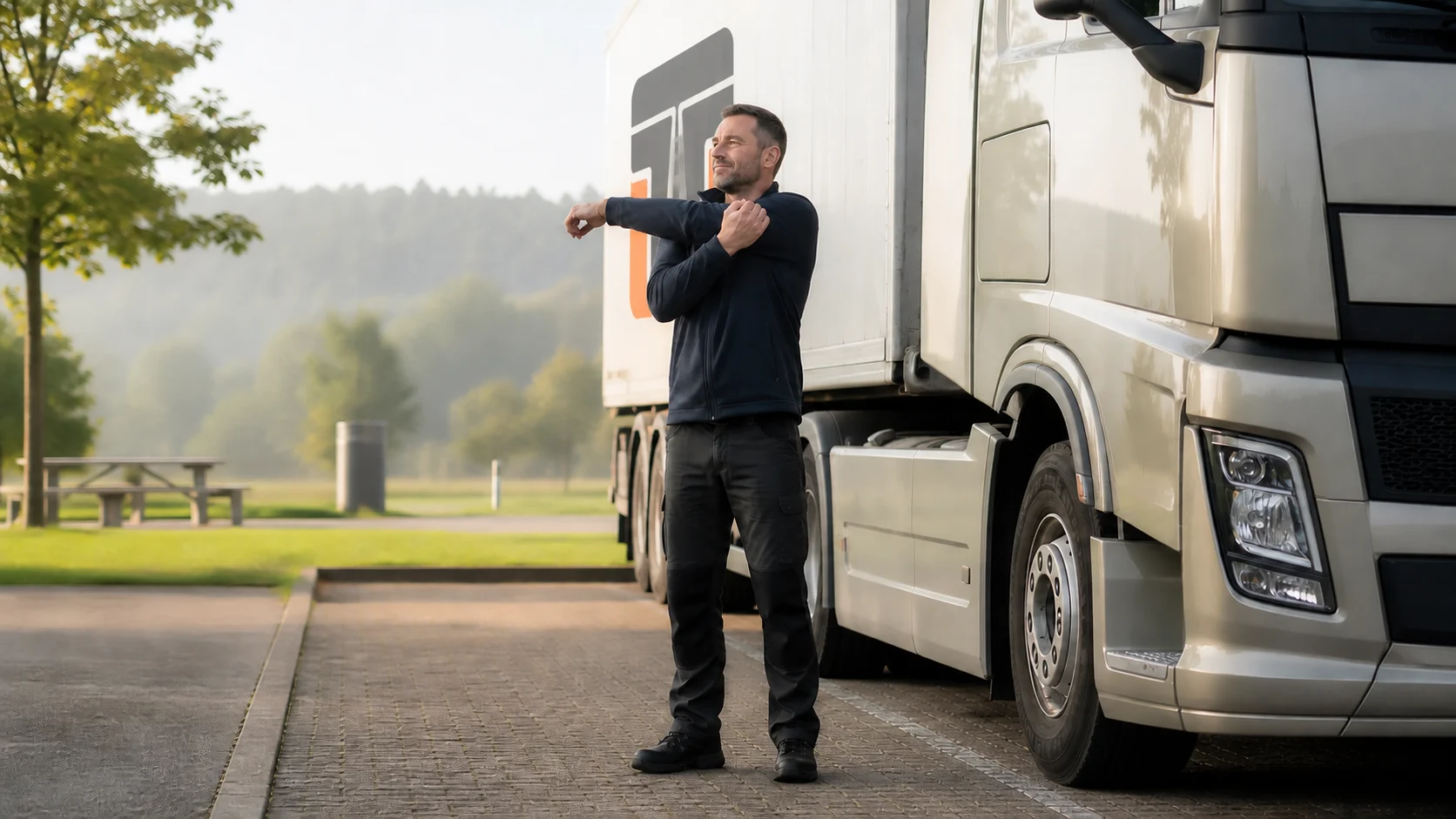 Ein Lkw-Fahrer dehnt in einer ruhigen Pause die Schulter neben seinem Lastwagen. Auf dem Auflieger ist einmal groß das Trucker-Treffpunkt-Signet als reale Beschriftung integriert.