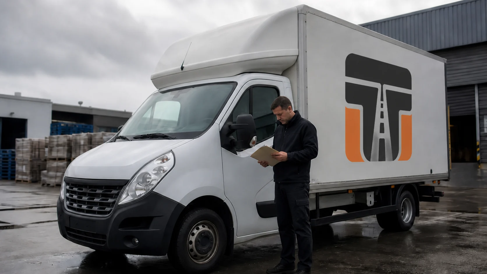 Fahrer eines weißen Kofferaufbau-Transporters prüft an einer Laderampe seine Unterlagen; der Beitrag erklärt die erweiterten EU-Lenk- und Ruhezeiten für Fahrzeuge über 2,5 Tonnen.
