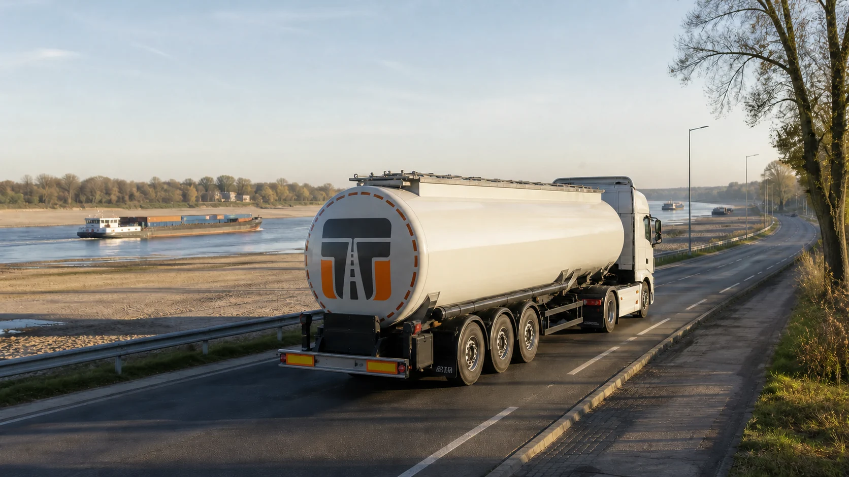 Lkw-Fahrer prüft neben seinem Sattelzug die Tourunterlagen; im Hintergrund fährt ein Binnenschiff bei niedrigem Wasserstand.