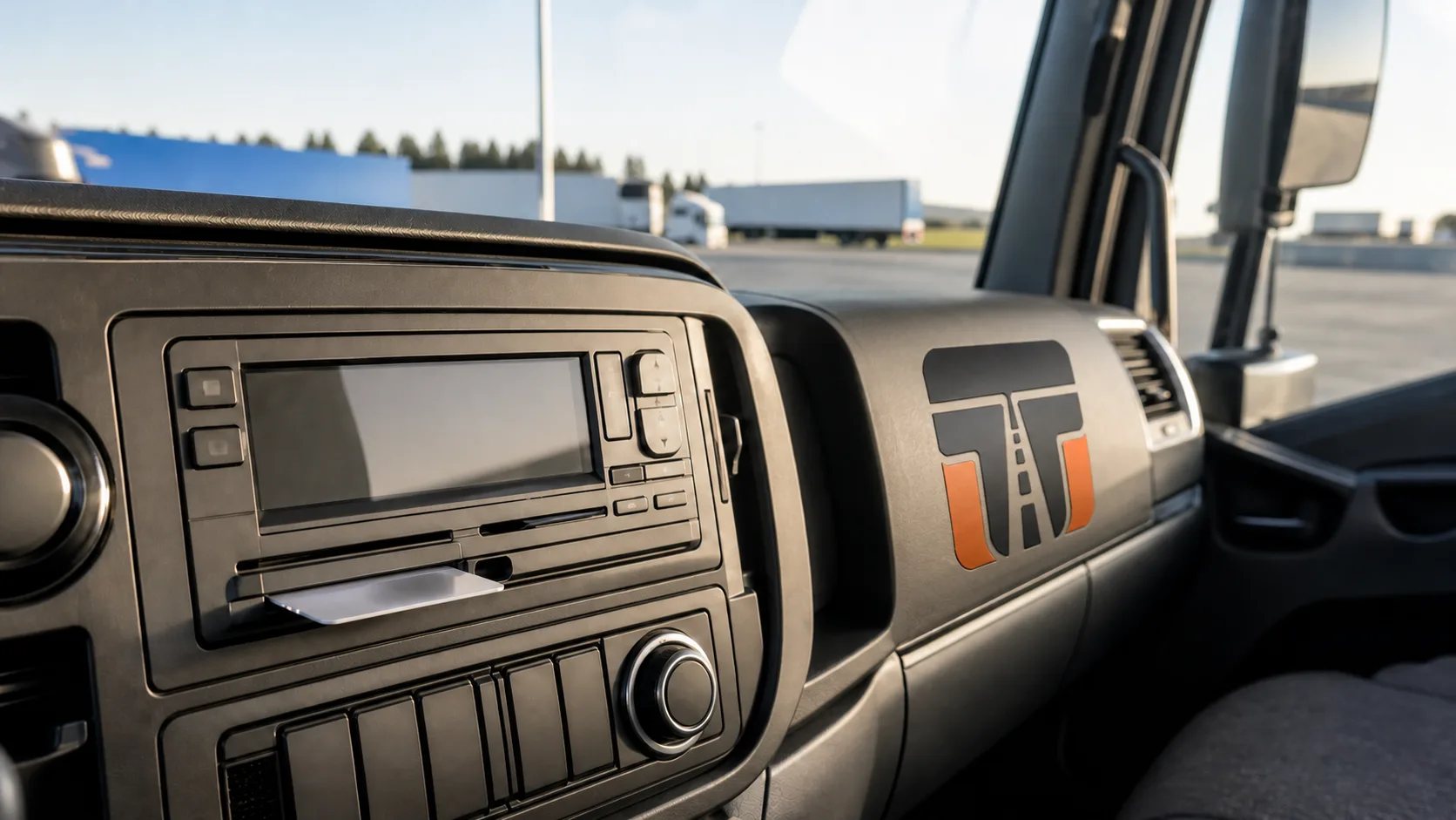 Nahaufnahme eines intelligenten Fahrtenschreibers im Lkw-Fahrerhaus. Auf der breiten Beifahrer-Dashboardfläche ist einmal das Trucker-Treffpunkt-Signet als reale Beschriftung integriert.