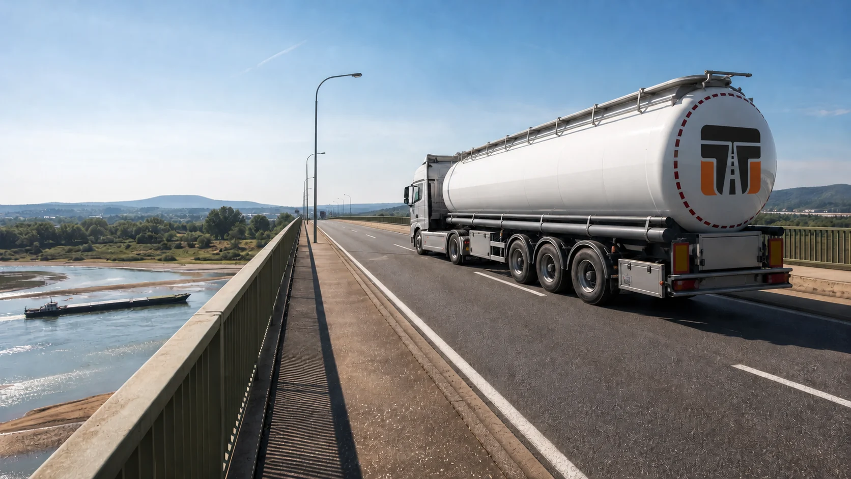 Lkw auf der Autobahn entlang des Rheins; im Fluss ein Frachtschiff, am Ufer breite trockengefallene Kiesflächen als Folge des Niedrigwassers.